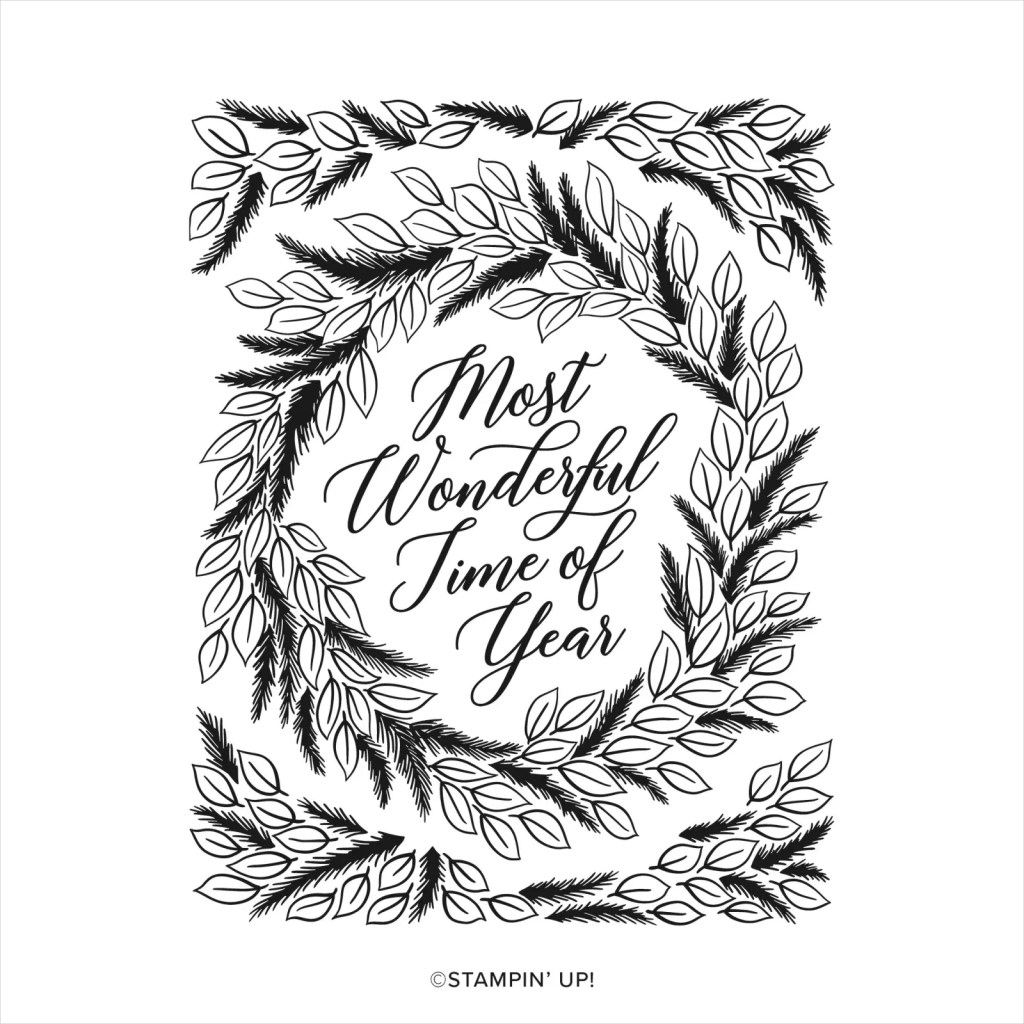 Black and white illustration of a decorative wreath with the text 'Most Wonderful Time of Year' in the center.