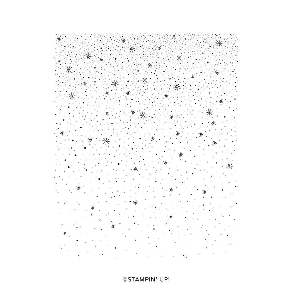 A stamped background design featuring a snowy scene with various sized stars and dots, created using a black ink on a white paper.