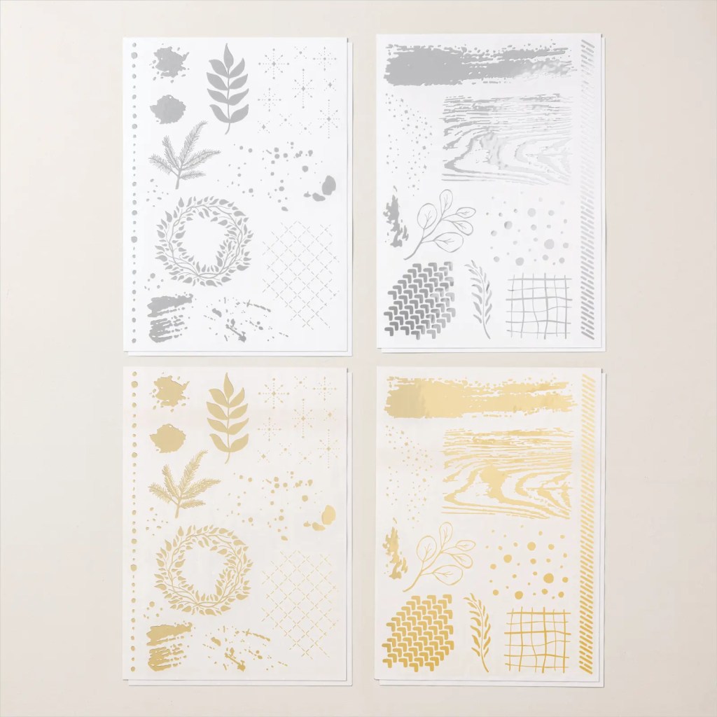 Four sheets of Metallic Textures Rub-Ons featuring silver designs on the top two sheets and gold designs on the bottom two sheets, displaying various patterns and textures.