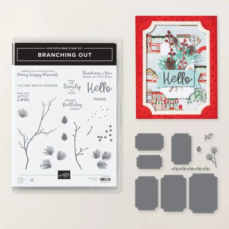 Image of the Branching Out bundle featuring a photopolymer stamp set with various designs and sentiments, a greeting card with a festive theme, and several metal die cut shapes.