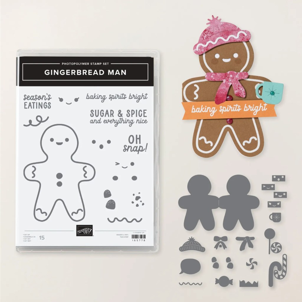 A gingerbread man stamp set from Stampin' Up! featuring various designs, phrases, and embellishments for holiday crafting, alongside a decorated gingerbread man figure holding a cup.