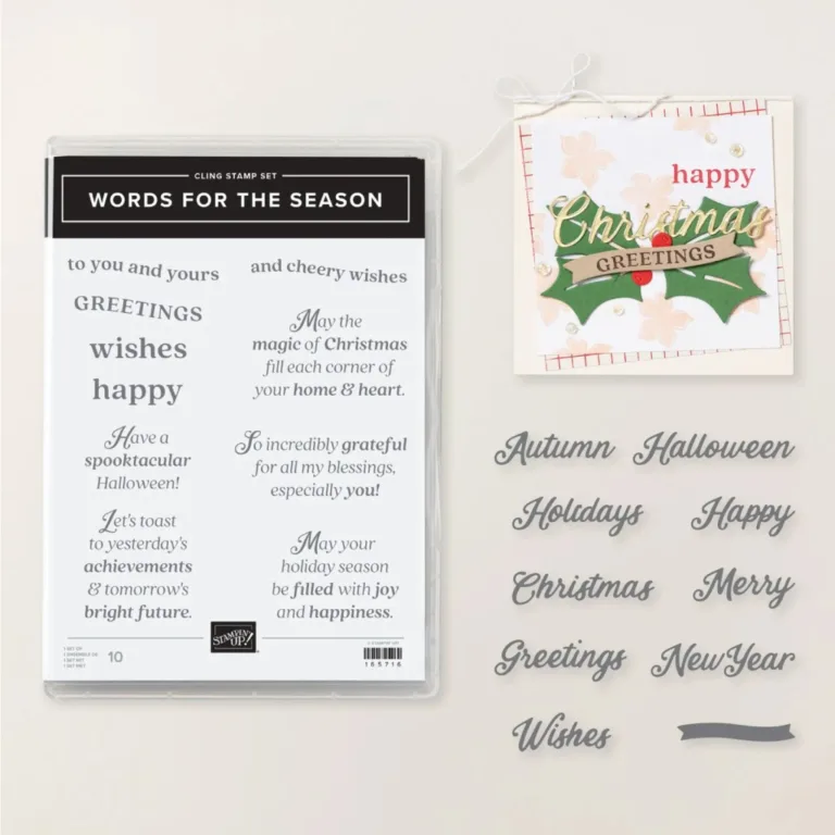 Image of the 'Words for the Season' cling stamp set alongside a decorated card featuring holiday messages and embellishments.