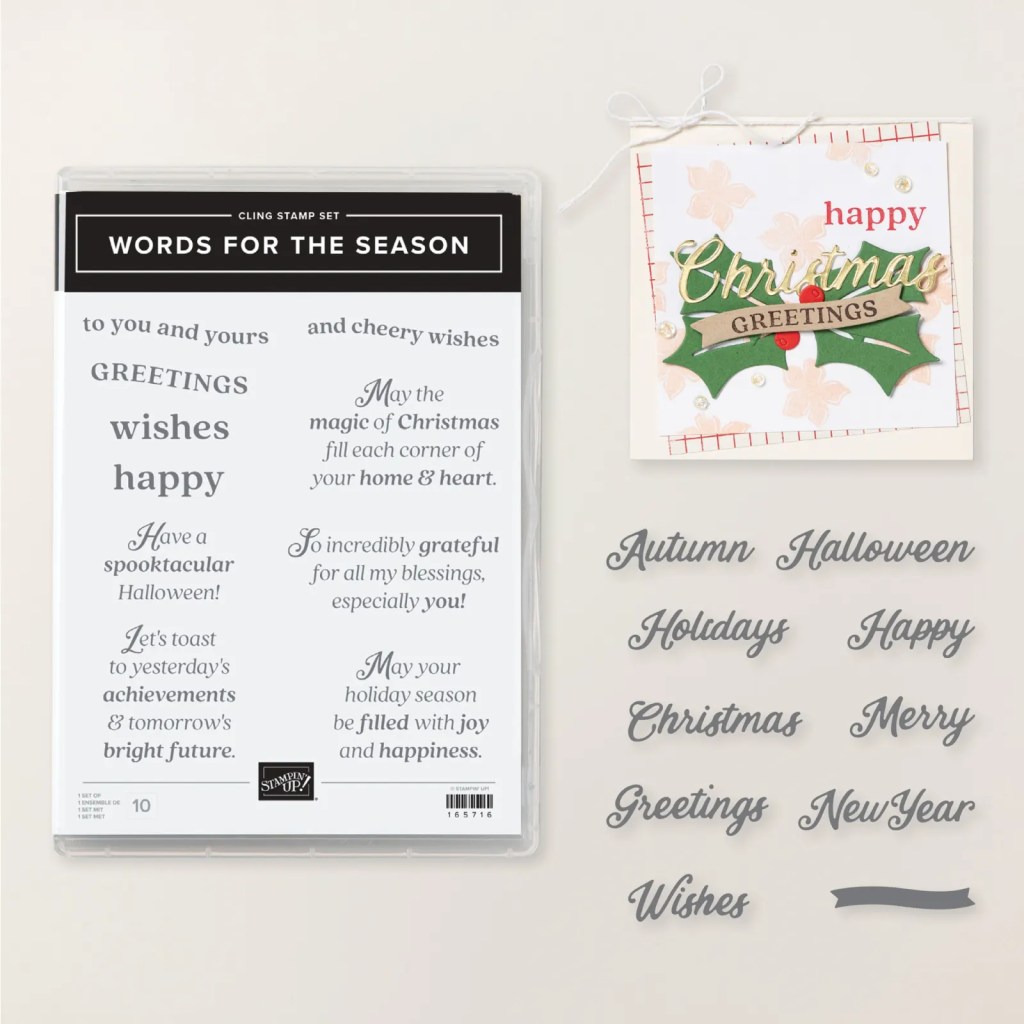 Image of the 'Words for the Season' cling stamp set alongside a decorated card featuring holiday messages and embellishments.