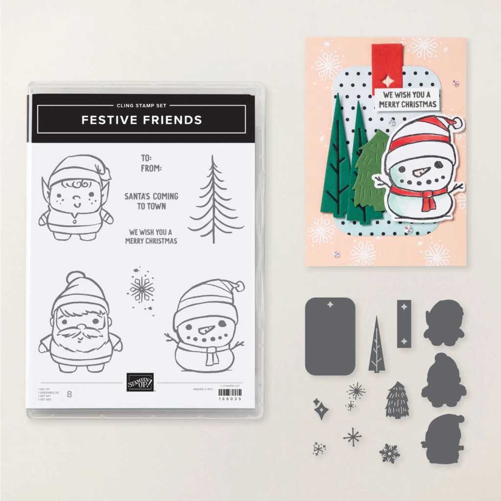 A Festive Friends stamp set featuring cartoon-style holiday characters, including a snowman and an elf, along with text phrases and various crafting accessories arranged with a Christmas-themed card.