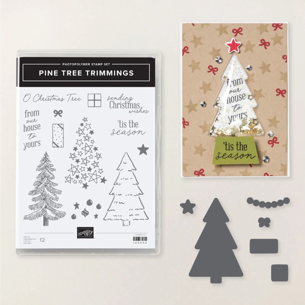 Image of the Pine Tree Trimmings stamp set with various Christmas-themed stamps, including trees, bows, and holiday messages, alongside coordinating die cut shapes and a decorated card featuring a Christmas tree with embellishments.