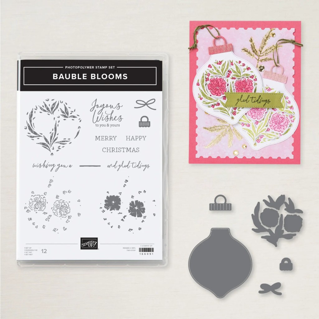 A flat lay of the Bauble Blooms stamp set alongside a colorful Christmas card featuring decorative ornaments and festive elements.