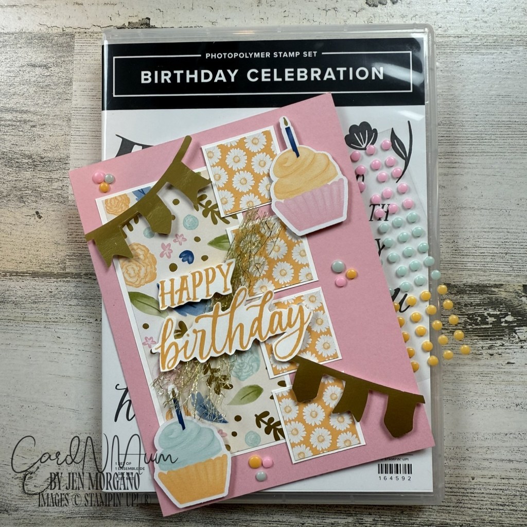 A colorful birthday card featuring 'Happy Birthday' text, cupcakes, and decorative elements, placed on a background with a birthday celebration stamp set.