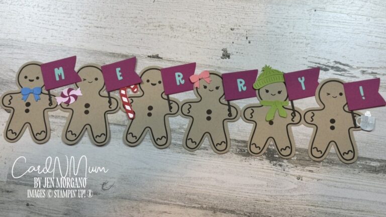 A festive banner made of gingerbread cookie cutouts, each adorned with various accessories, spelling out 'MERRY' in colorful letters.