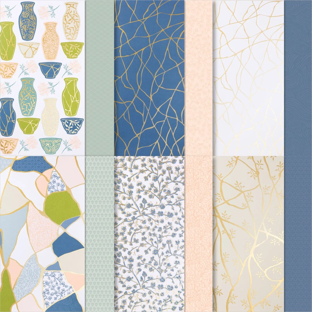 A collage of patterned papers from the Kintsugi Inspiration Suite Collection, featuring designs with vases, floral motifs, and abstract gold detailing.