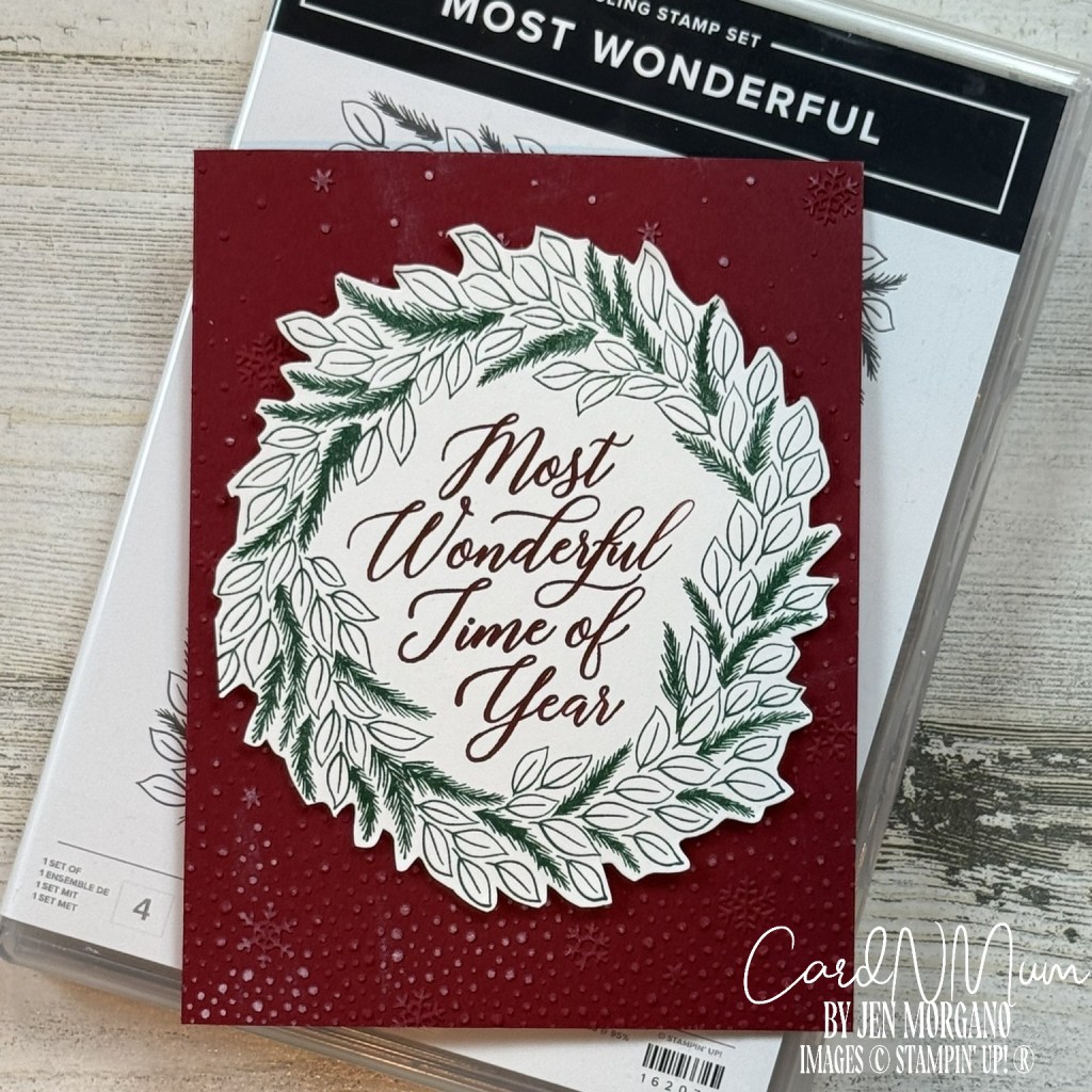 A handmade greeting card featuring a wreath design with the text 'Most Wonderful Time of Year' on a deep red background, alongside a stamp set package titled 'Most Wonderful.'