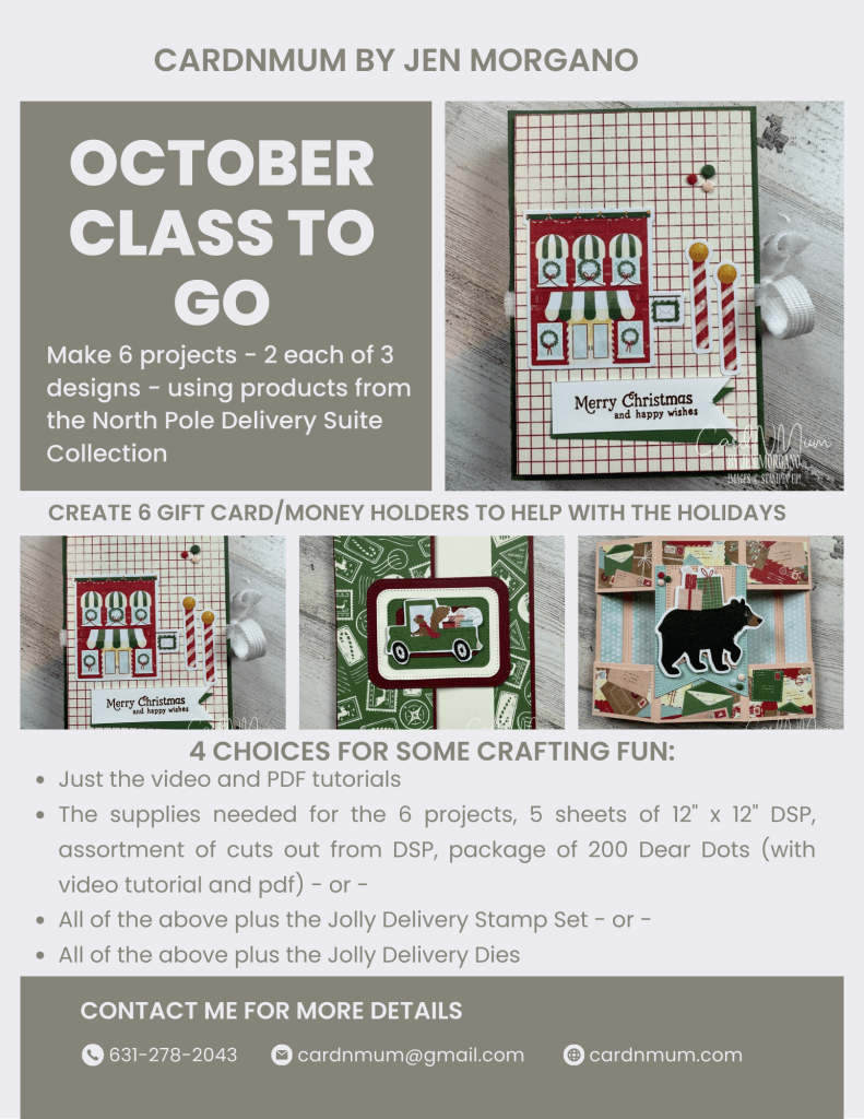 Promotional image for a crafting class featuring four card designs with holiday themes, showcasing various supplies and options to participate in the 'CardNMum Class to Go' offerings.