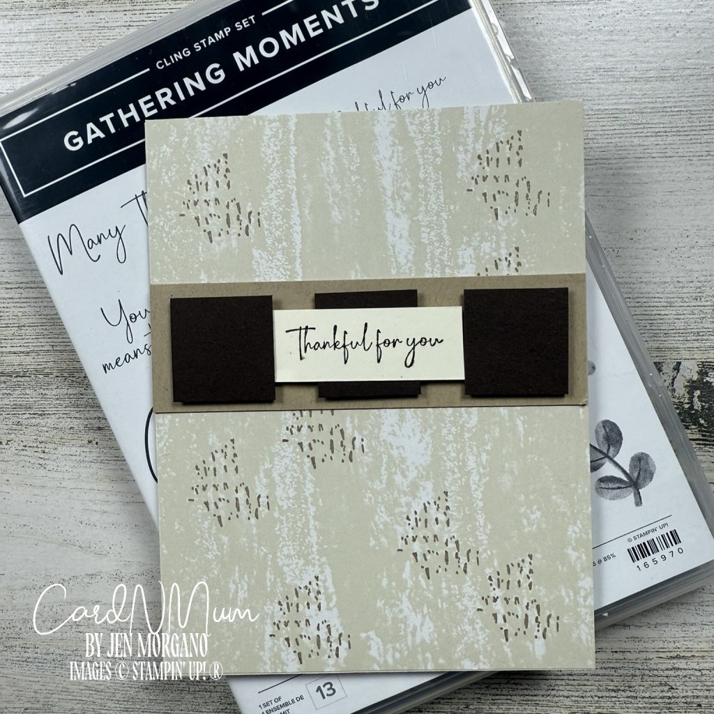 A handmade card featuring a beige and brown color scheme, with the text 'Thankful for you' on a light background, displayed against a backdrop of a stamp set package.