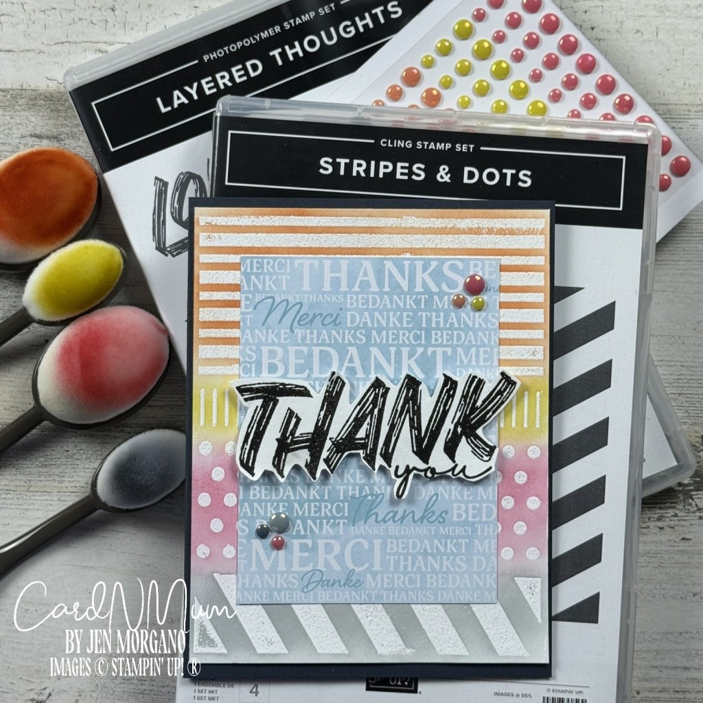 A handmade card featuring the text 'THANK you' in bold letters, surrounded by patterns and colors from the Stripes & Dots Cling Stamp Set. The card includes decorative elements and embellishments.