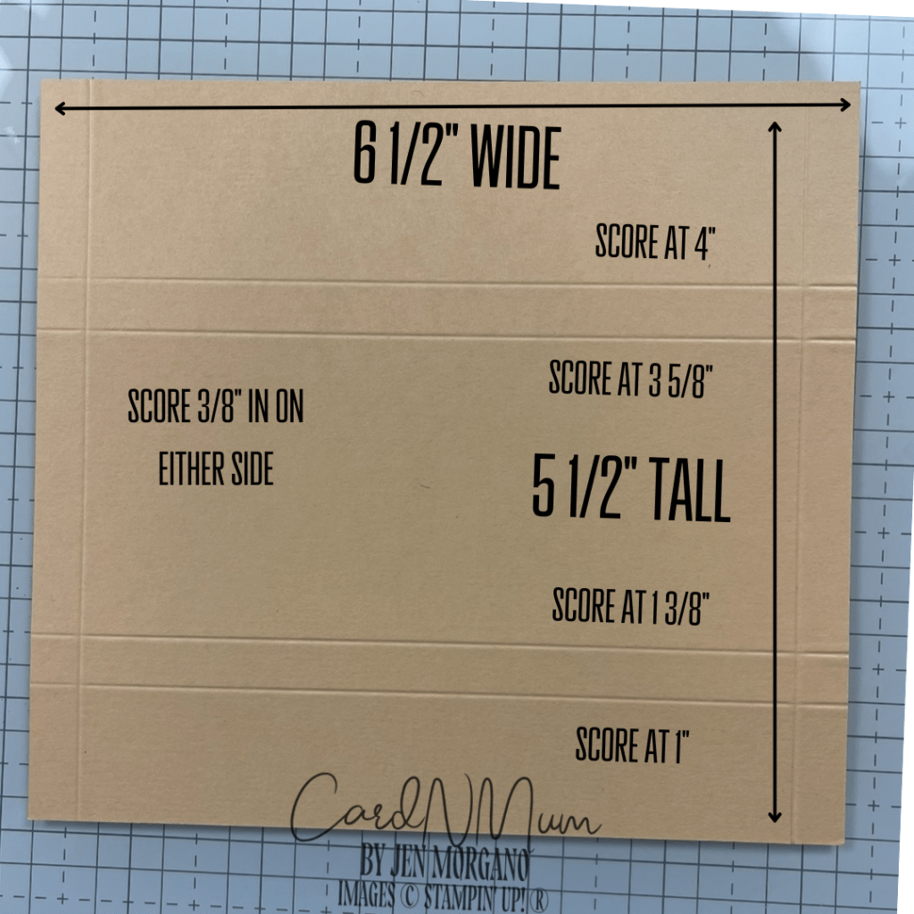 A piece of textured craft card stock with scoring guidelines printed in black. Dimensions include 6 1/2" wide and 5 1/2" tall, with scoring lines marked at various intervals.