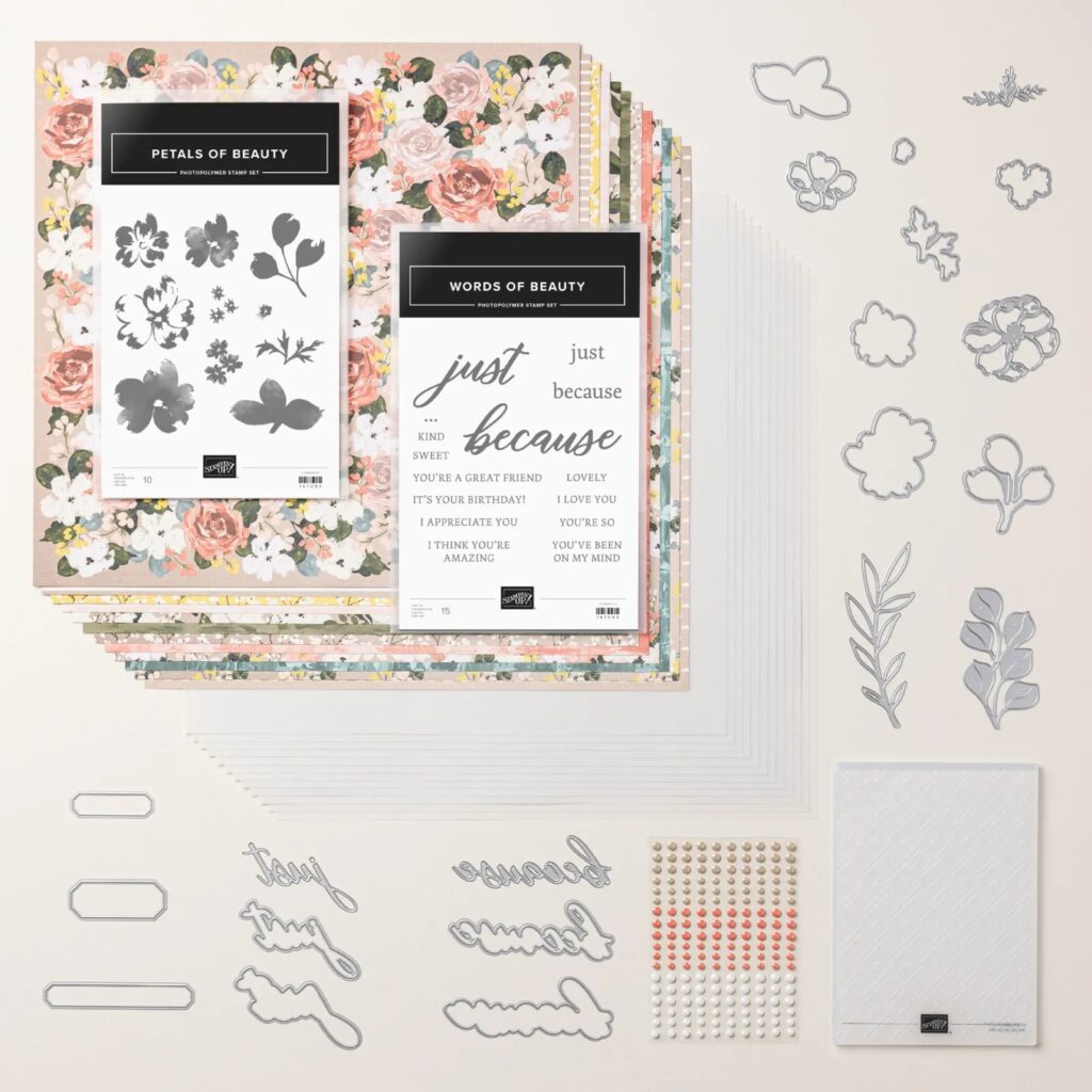 Stampin’ Up! Brushed with Beauty Suite Collection featuring floral designer series paper, Petals of Beauty stamp set, Words of Beauty sentiment stamps, coordinating dies, embossing folder, and embellishments for handmade cardmaking