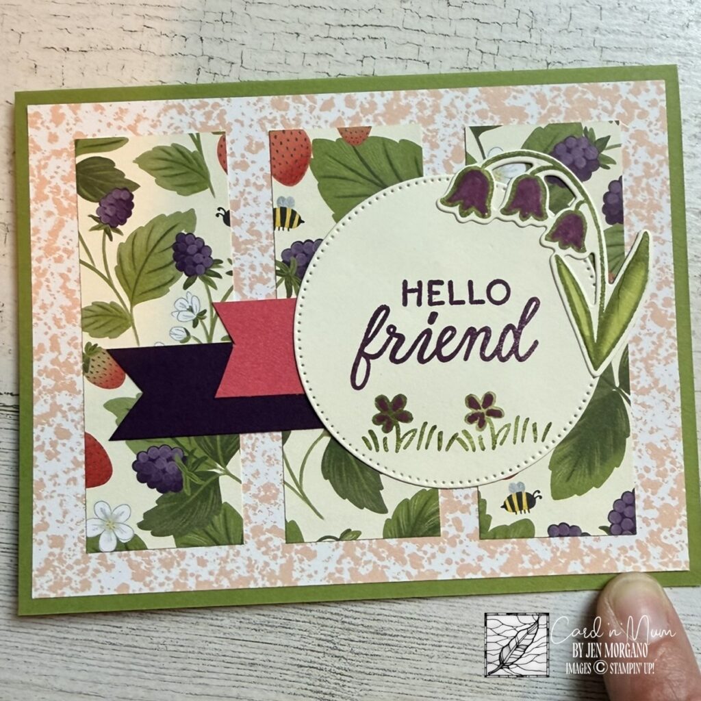 Handmade hello friend card featuring berry patterned paper and floral die cut detail