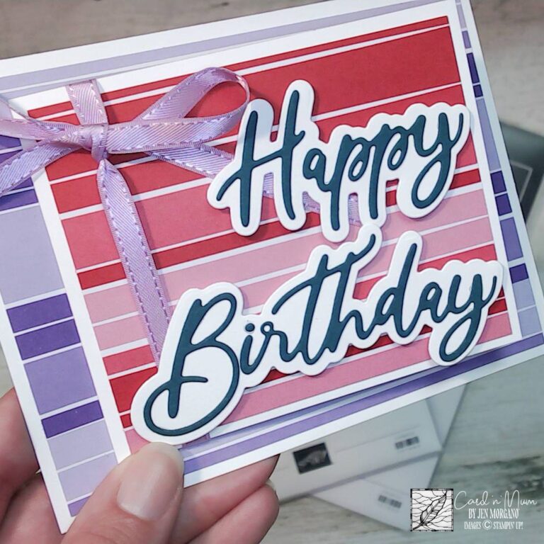 Colorful handmade Happy Birthday card with pink red and purple cardstock stripes and ribbon