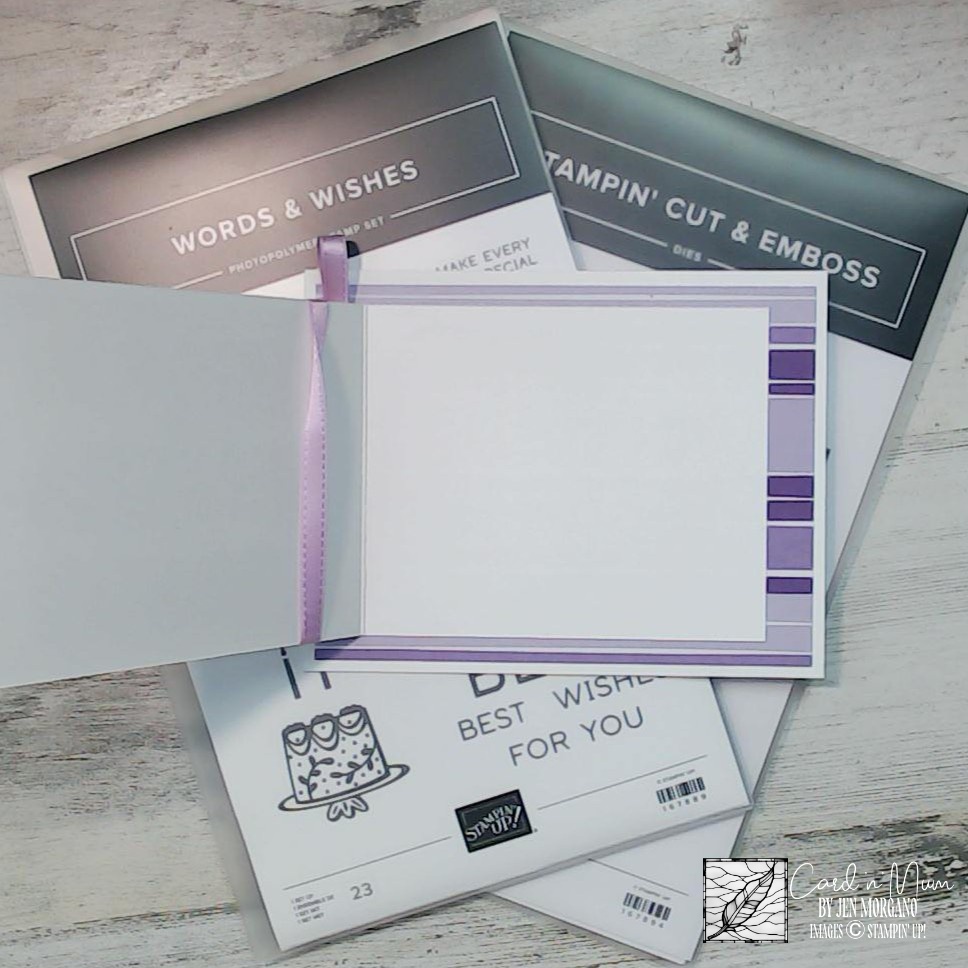 Inside of handmade birthday card featuring coordinating purple and pink cardstock strips
